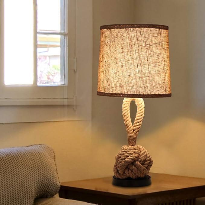 Nautical Pier Rope Table Lamp with Industrial Metal Iron and Rope Base, Drum Fabric Shade, Table