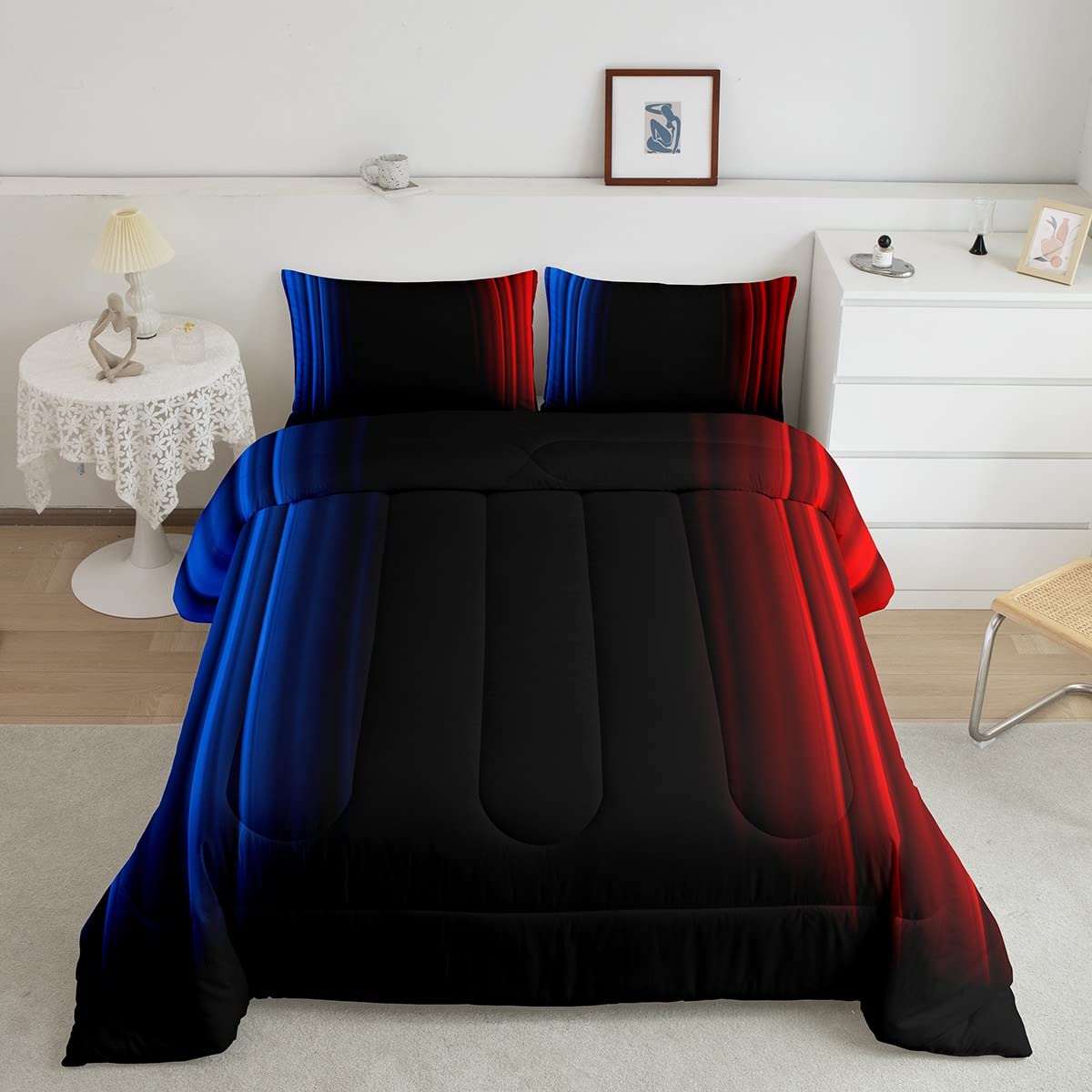 Loussiesd Geometric Abstract Ombre Women Duvet Set Kids Teens Blue Red And Black Striped Duvet Insert Decor Modern Fashion Bedroom Collection 2Pcs Single Size
