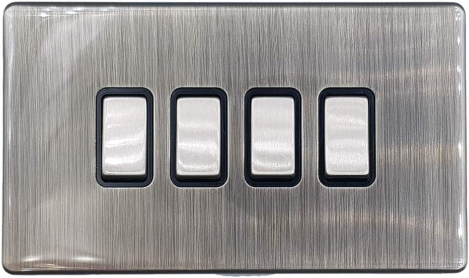 Klite Quad Light Switch 4 Gang Flat Screwless Brushed Chrome Black Insert – Metal Rocker Switches – 10A 4 Gang 2 Way Switch