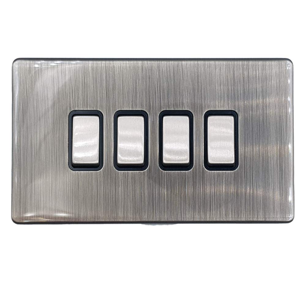 Klite Quad Light Switch 4 Gang Flat Screwless Brushed Chrome Black Insert – Metal Rocker Switches – 10A 4 Gang 2 Way Switch
