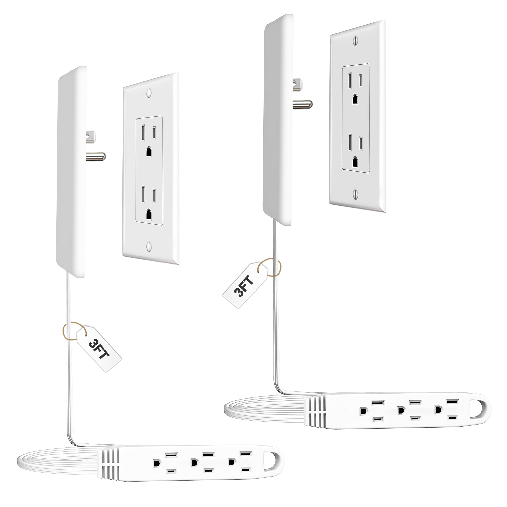 Photo 1 of CABOCASA 2 Pack 3FT Flat Plug Extension Cord Power Strip with 3 Outlets, Patented Detachable Ultra-Thin Outlet Cover Concealer & Ultra-Flat Plug, Max. 13A 125V 1625W ETL Listed, White Color