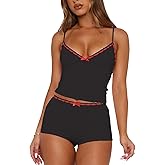 XFLnaraz Women Y2K 2 Piece Pajama Set Spaghetti Strap Deep V Neck Crop Cami Top Elastic Waist Shorts Slim Fit Lounge Outfits
