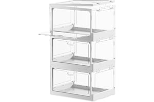 PRANDOM Stackable Clear Storage Bins with Lids,70 Qt Plastic Collapsible Organizer Containers Boxes with Doors for Closet Living Room Bedroom White 15x11.2x8.7 x 3-Pack