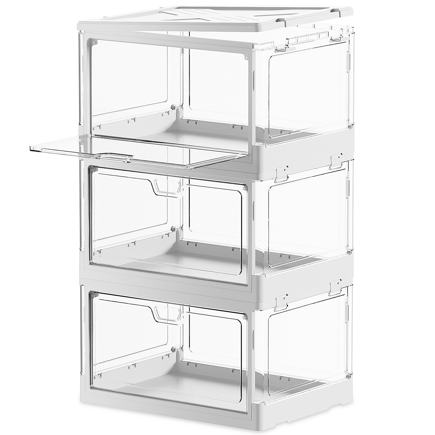 Photo 1 of PRANDOM Stackable Clear Storage Bins with Lids,70 Qt Plastic Collapsible Organizer Containers Boxes with Doors for Closet Living Room Bedroom White 15x11.2x8.7 x 3-Pack