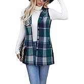 olrain Women Flannel Plaid Sleeveless Blazer Vest Lapel Neck Button Down Long Jacket Outwear Coat With Pockets Fall Winter