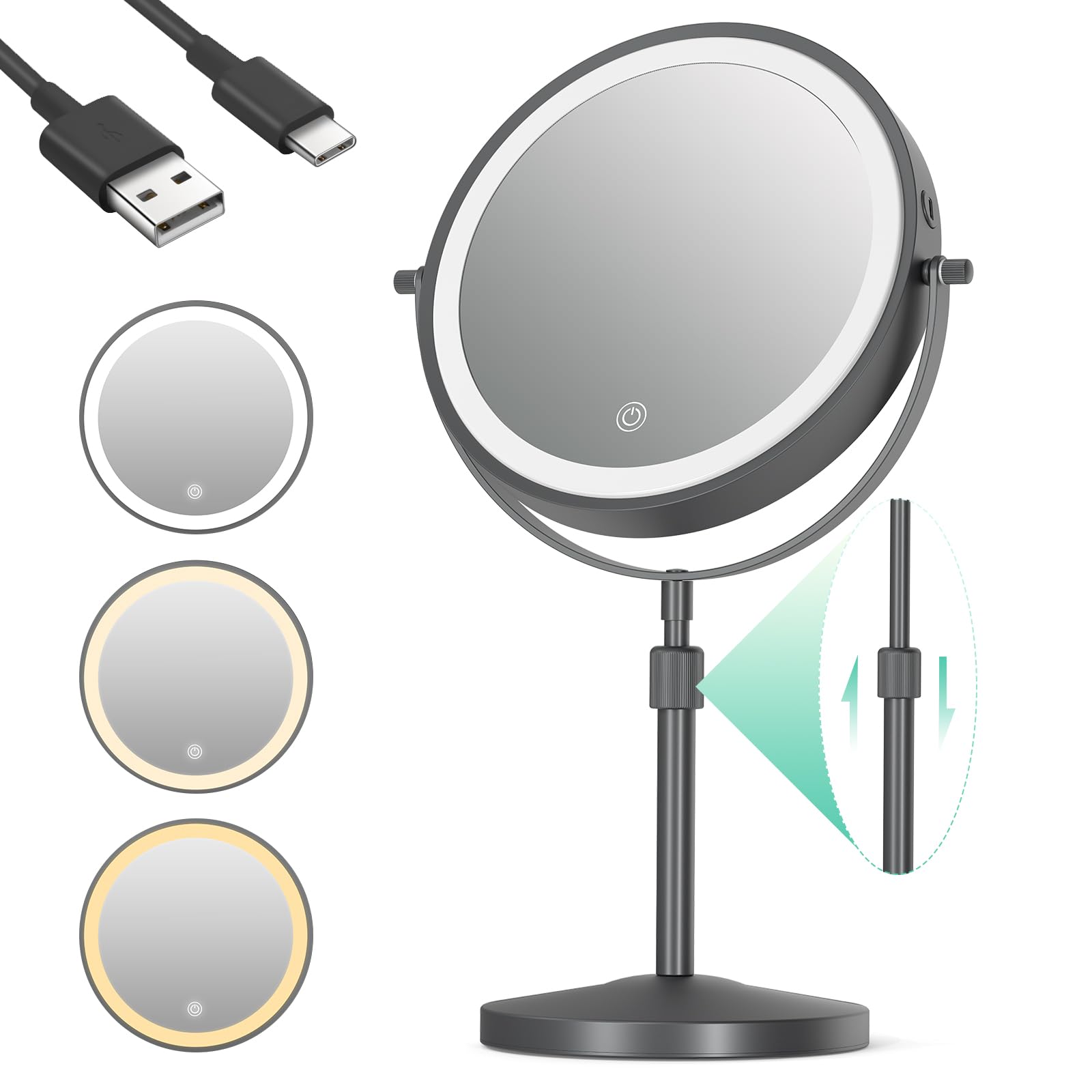 iklestar 8 Inches Makeup Mirror with Lights, 1X/10X Height Adjustable Light up Mirrors, 3 Colour Modes and 360° Rotation Illuminated Magnifying Vanity Makeup Mirror, Black