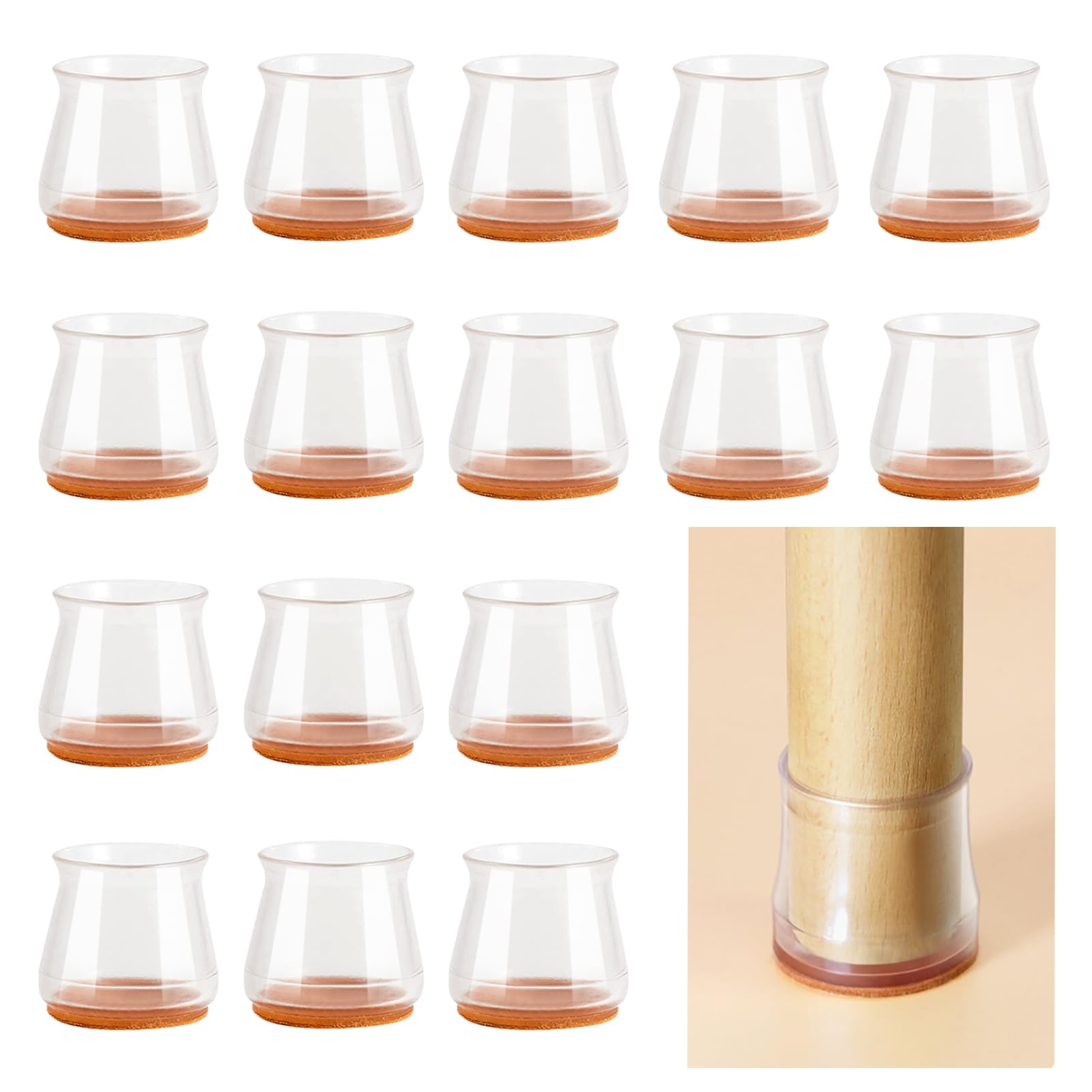 Chair Leg Floor Protectors, 16 Pack Silicone Floor Protectors for Furniture Legs Round Felt Rubber Feet Caps Leg Cups for Chair Sofa Table ((Clear, Medium fit 25 to 30mm))