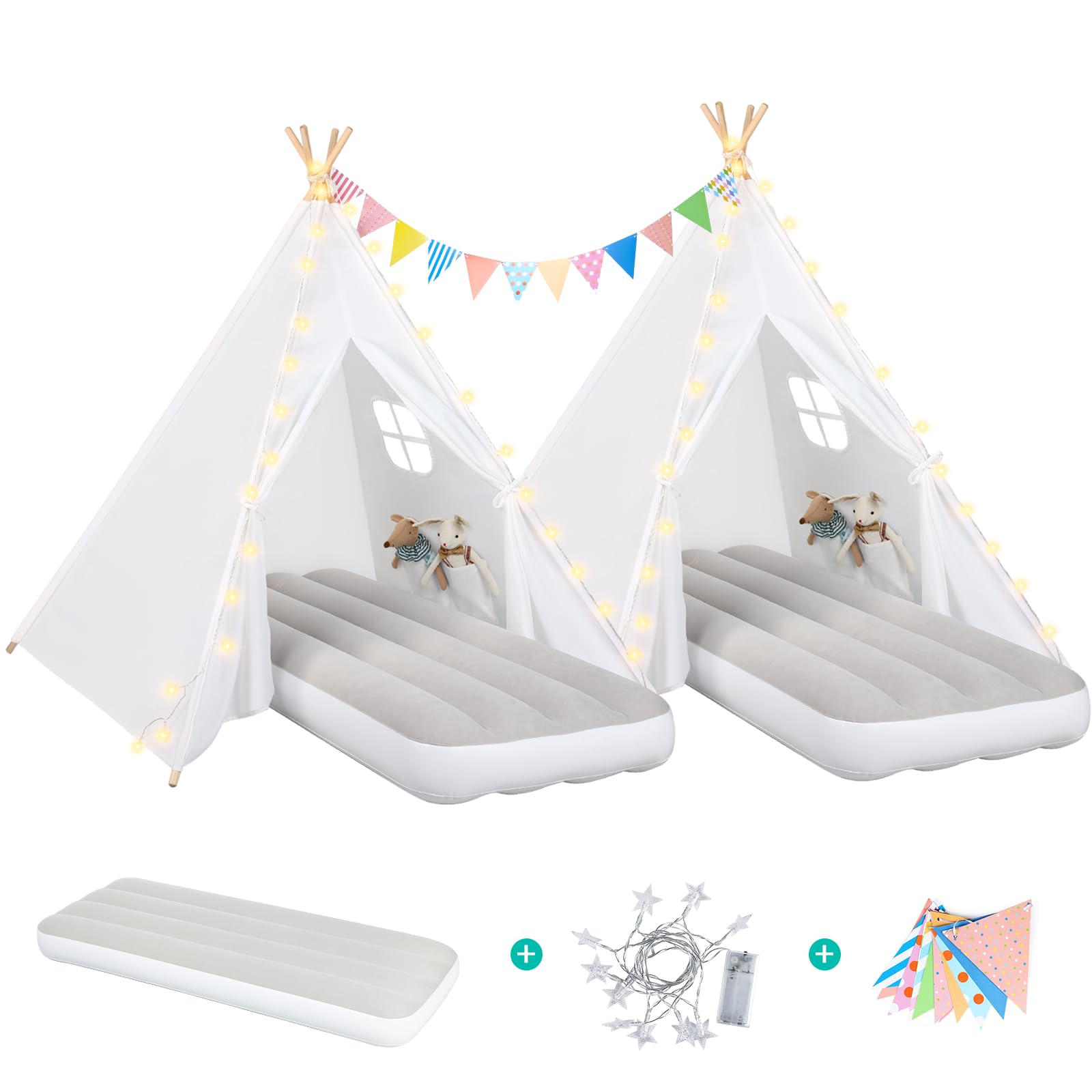 Photo 1 of Teepee Tent for Kids Sleepover Party 2 Pack: Inflatable Airbed & Star Lights & Colored Flag - Indoor Outdoor Toddler Play Tent for Girls Boys Birthday Gifts Slumber Party (White)