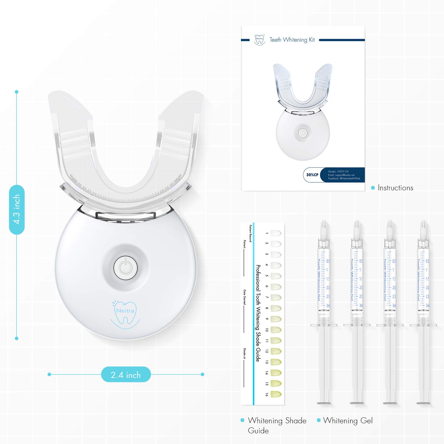Neitra Teeth Whitening Kit with LED Light, (4Pcs) 3ml 30% Carbamide Peroxide Teeth Whitening Gel, Teeth Whitening Result in 1 Use, 5X LED Accelerator, No Sensitivity Teeth Whitener(White Pro Series): Beauty