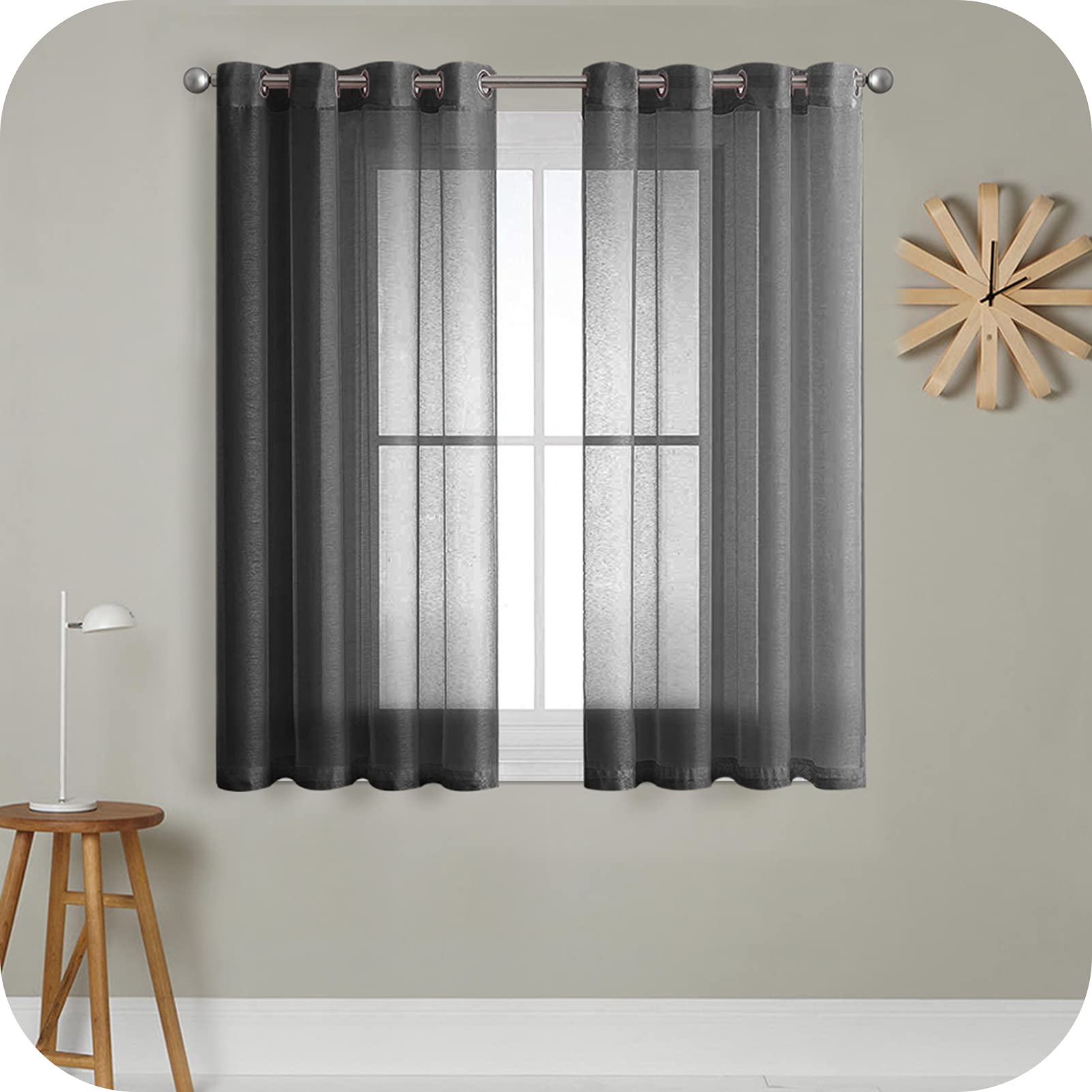 MRTREES Voile Curtains, Semi-Transparent, Short with Eyelets, Scarf Curtains in Linen Look for Living Room, Bedroom, Children's Room, Black, 160 x 140 cm (H x W), Set of 2
