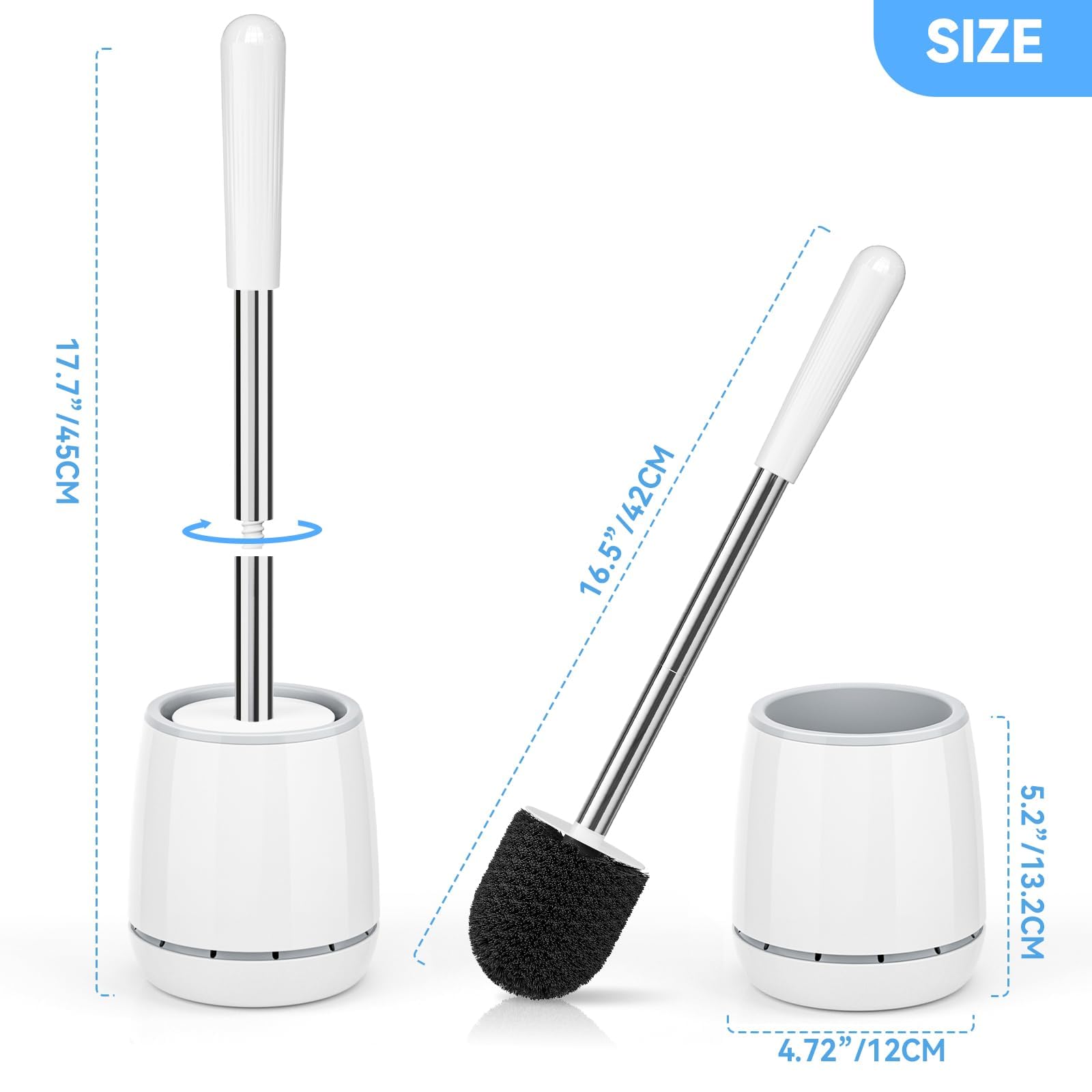 Toilet Brush, Toilet Brush and Holder with 304 Stainless Steel Handle, Space Saving Toilet Bowl Brush for Storage, Durable Bristles Toilet Scrubber for Bathroom Cleaning (1, White)