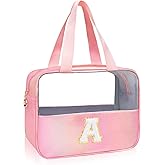 Junesters Initial Clear Makeup Bag Personalized Pink Clear Cosmetic Bag, Cute Large Make Up Bags Organizer Bag, Travel Toiletry Bag for Women Girl Gifts A (Pink)