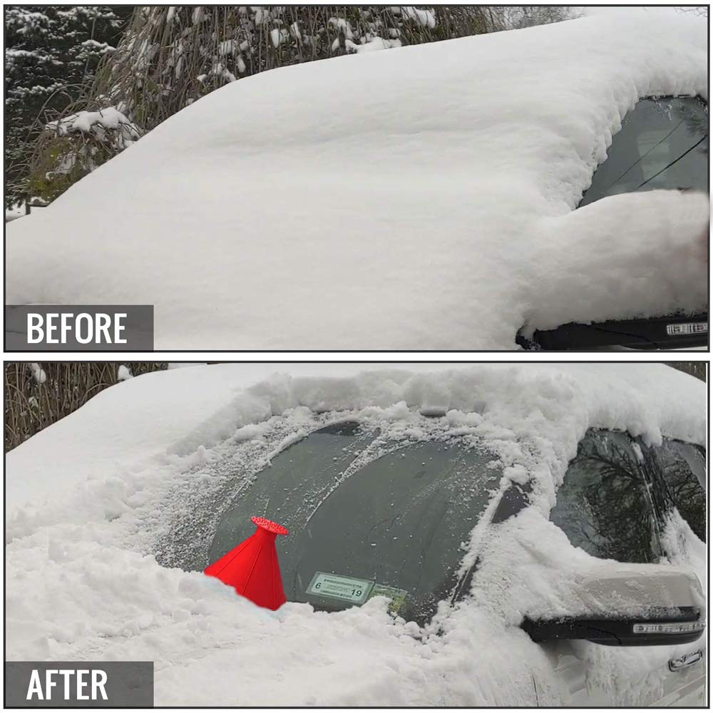 QUEES 2 Pack Ice Scraper Round Car Window Windshield Cone -Shaped 5.7″ Larger Coverage Diameter Snow Funnel Removal Tool with 4 Ice Breakers Red