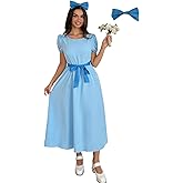 Laqeyko Womens Halloween Cosplay Princess Blue Maxi Dress Crewneck Puff Sleeve X Line with Bow Belt