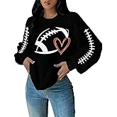 Game Day Sweatshirt Women: Funny Football Heart Graphic Sweatshirt Waffle Knit Long Sleeve Gameday Fans Pullover Tops