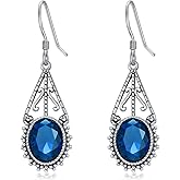 925 Sterling Silver Vintage Filigree Oxidized Dangle Drop Earrings 10mm Oval Cut Birthstone Anniversary Jewelry Gifts for Women Her
