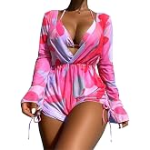 ODASDO Women's Sexy 3 Piece Swimsuits Halter Triangle Bikini Sets with Long Sleeve Mesh Cover Ups Romper Bathing Suits