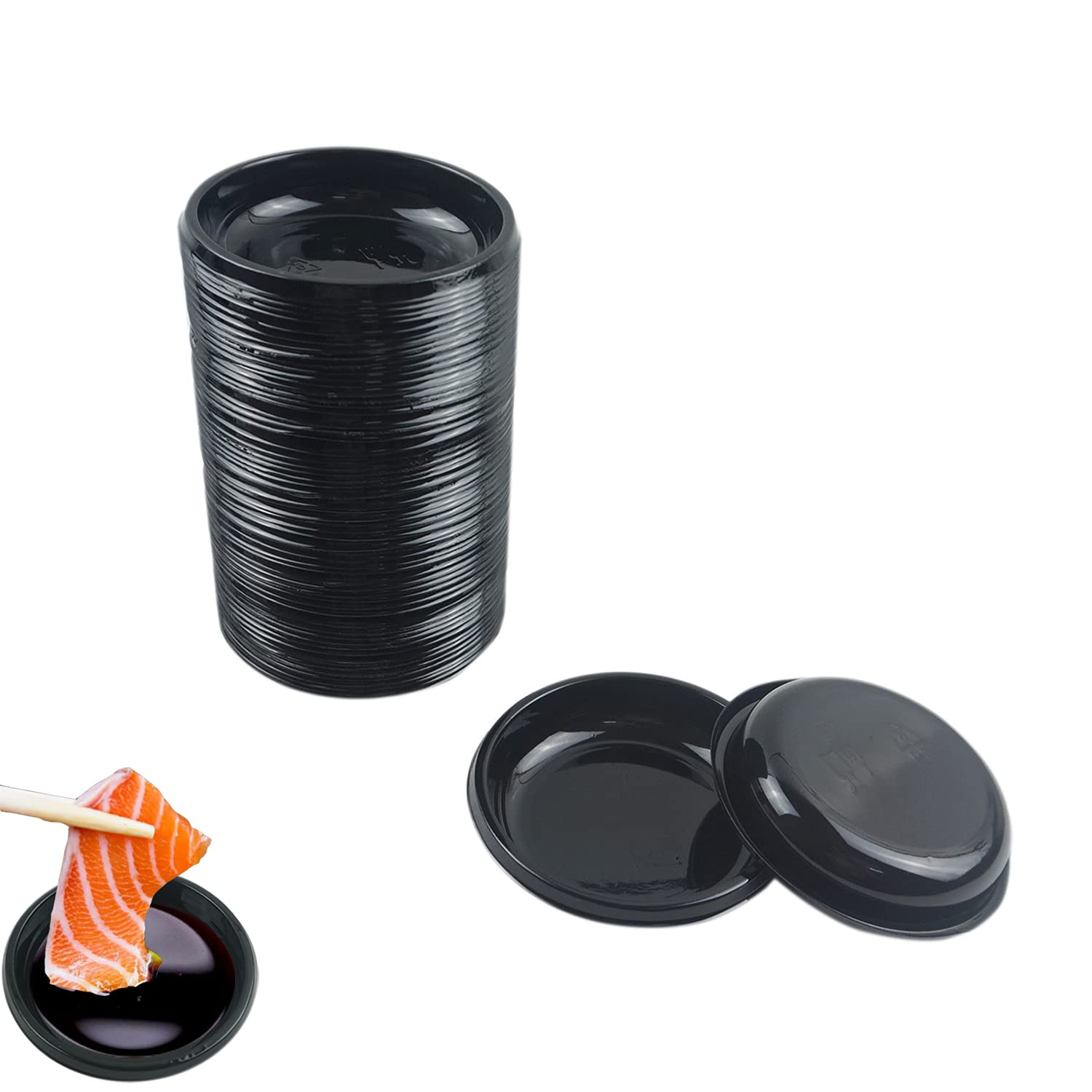 Photo 1 of 100 pcs Mini 3.11"x3.11" Dipping Sauce Dishes, Plastic Disposable Round Black Soy Sauce Plate Set, Condiment Serving tray, Seasoning Platter, Appetizer Bowel -for Sushi Mustard Vinegar Soy BBQ Ketchup