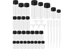 Swpeet 38Pcs 5 Capacity 5ML 10ML 15ML 20ML 30ML Clear Small Glass Vials with Black Screw Caps and Plastic Transfer Pipettes w