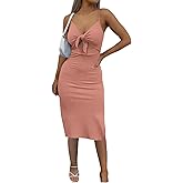 KIFOVEN Women's Tie Knot Cut Out Split Spaghetti Strap Sleeveless Knit Bodycon Midi Dress