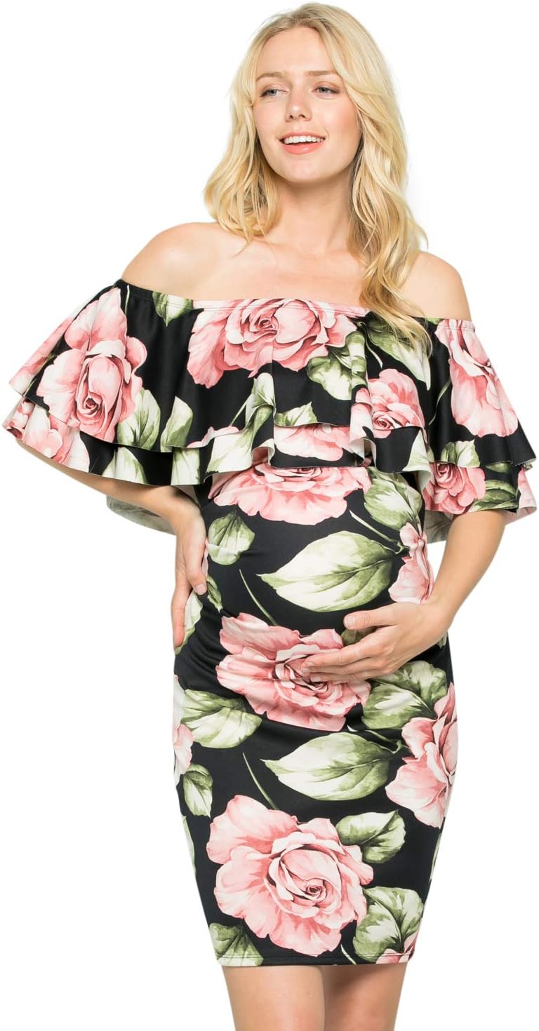 My Bump Double Layer Ruffle Maternity Dress-Fitted Off-Shoulder Baby Shower Pregnancy