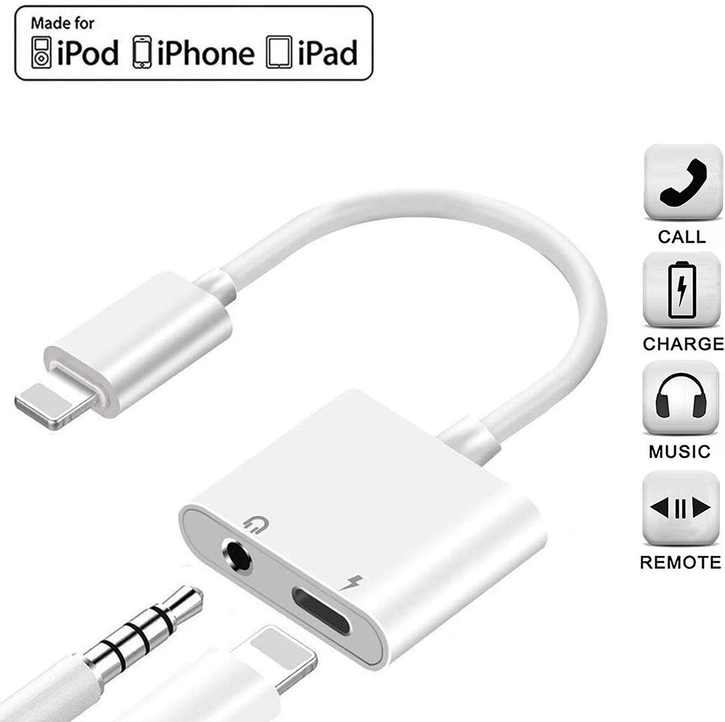 [Apple MFi Certified] Headphone Jack Adapter Aux Cable, 2 in 1 Lightning to 3.5mm Splitter Jack Dongle Charger & Audio Connector for iPhone 11 Pro Xs Xr X 8 7 Plus,Calling & Music Control & iOS 13