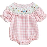 Adobabirl Baby Girl Easter Outfit Bunny Embroidery Smocked Bubble Romper Plaid Short Sleeve Bodysuit Cute Summer Clothes
