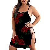 XAKALAKA Women Plus Size Lace Babydoll Lingerie Side Slit Strappy Chemise Sleepwear