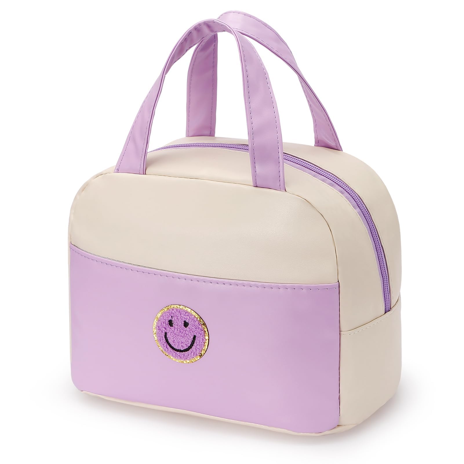 Hirabbi Lunch Bag Women Insulated Lunch Box Reusable Waterproof Lunch Tote Bag with Preppy Lunch Bag,Soft Leather Lunchbag for Travel Work Picnic (Purple&White)