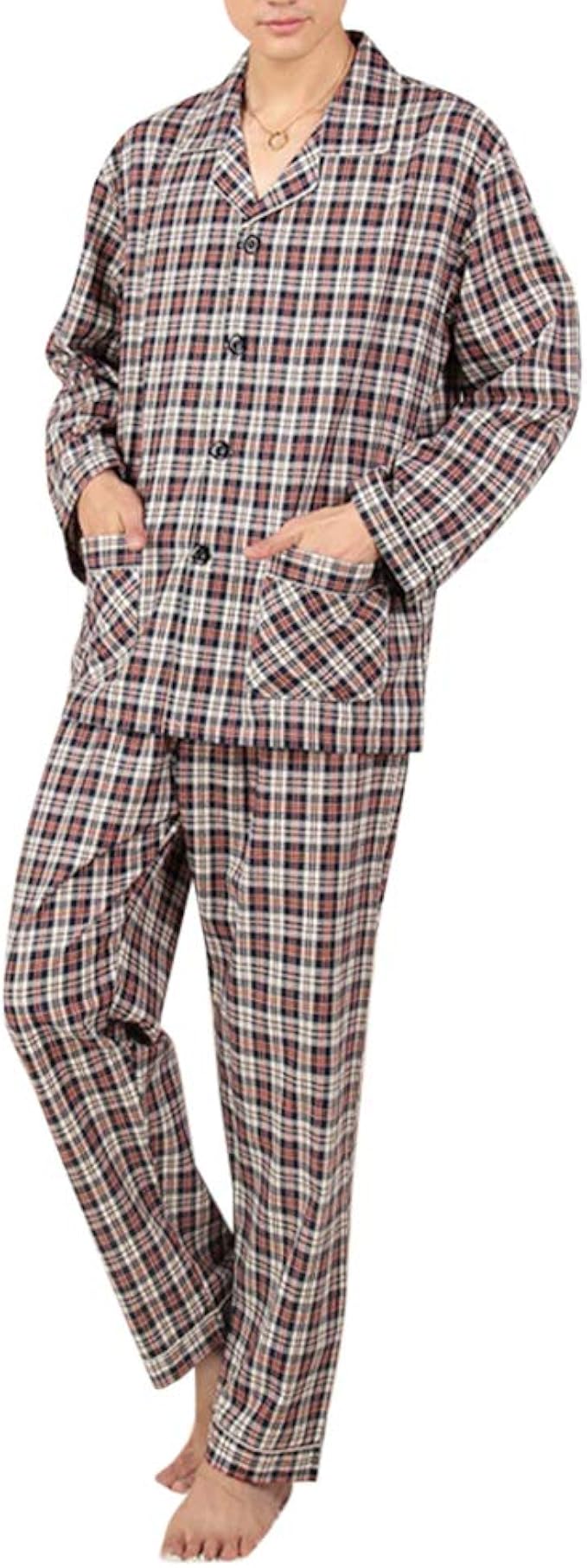 Mens 2 Piece Cotton Sleepwear Plaid Pocket Pajama Set Long Sleeve Tops