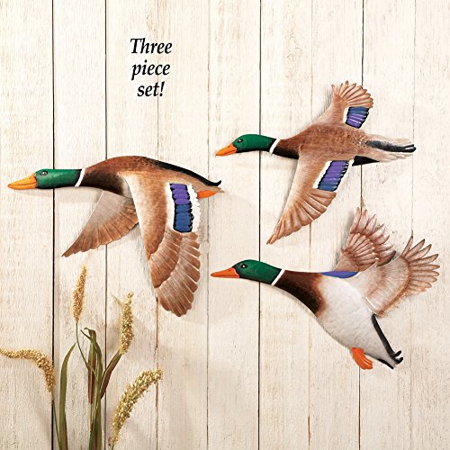 Set of 3 Vibrant Flying Wild Duck Birds Spring Metal Plaque Wall