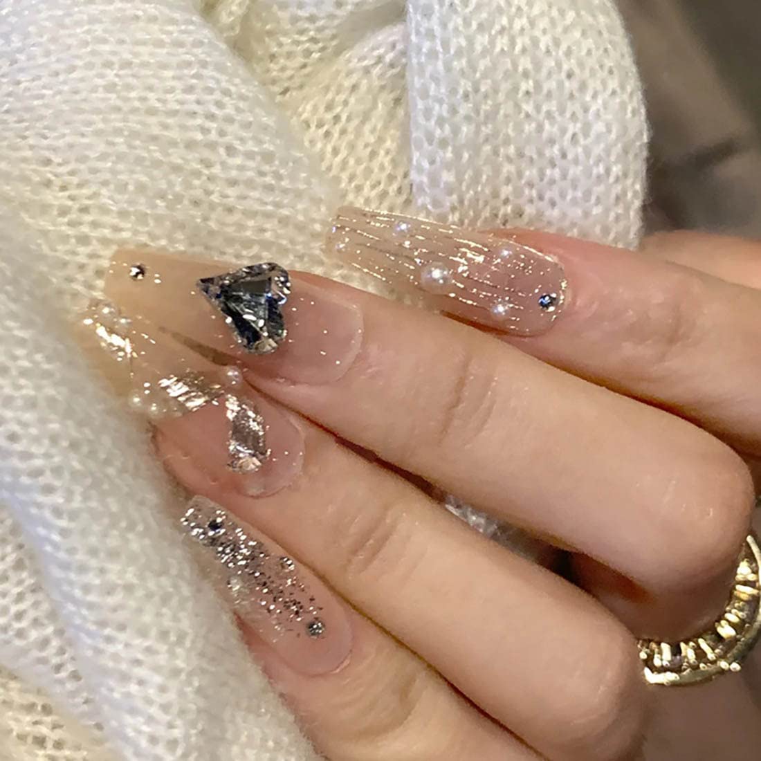 Cubahop 24pcs French Medium Crystal Fake Nails Nude Glossy Butterfly Flash Powder False Nails Rhinestone Love Press on Nails for Women and Girls (Nude 2)