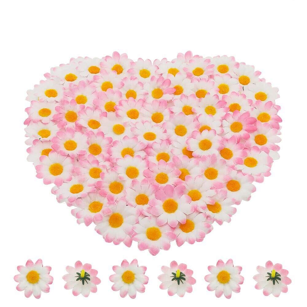 Artificial Daisy Flower Heads 100pcs Fake Gerbera Petals White & Pink for DIY Garland Craft Birthday Indoor Outdoor Party Easter Bonnet