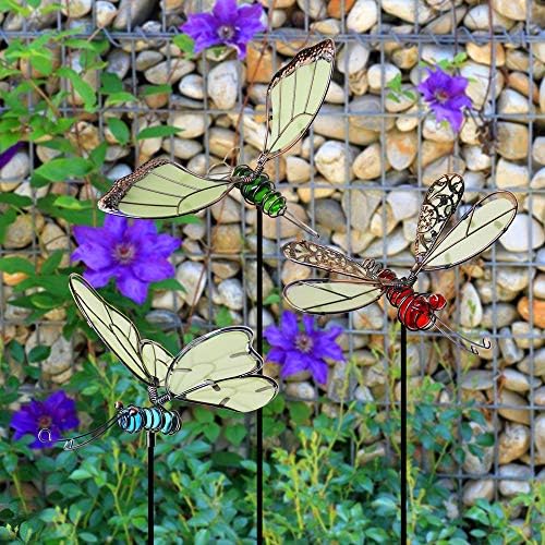 Metallic butterfly and dragonfly garden stakes, dark, 12 inches long.