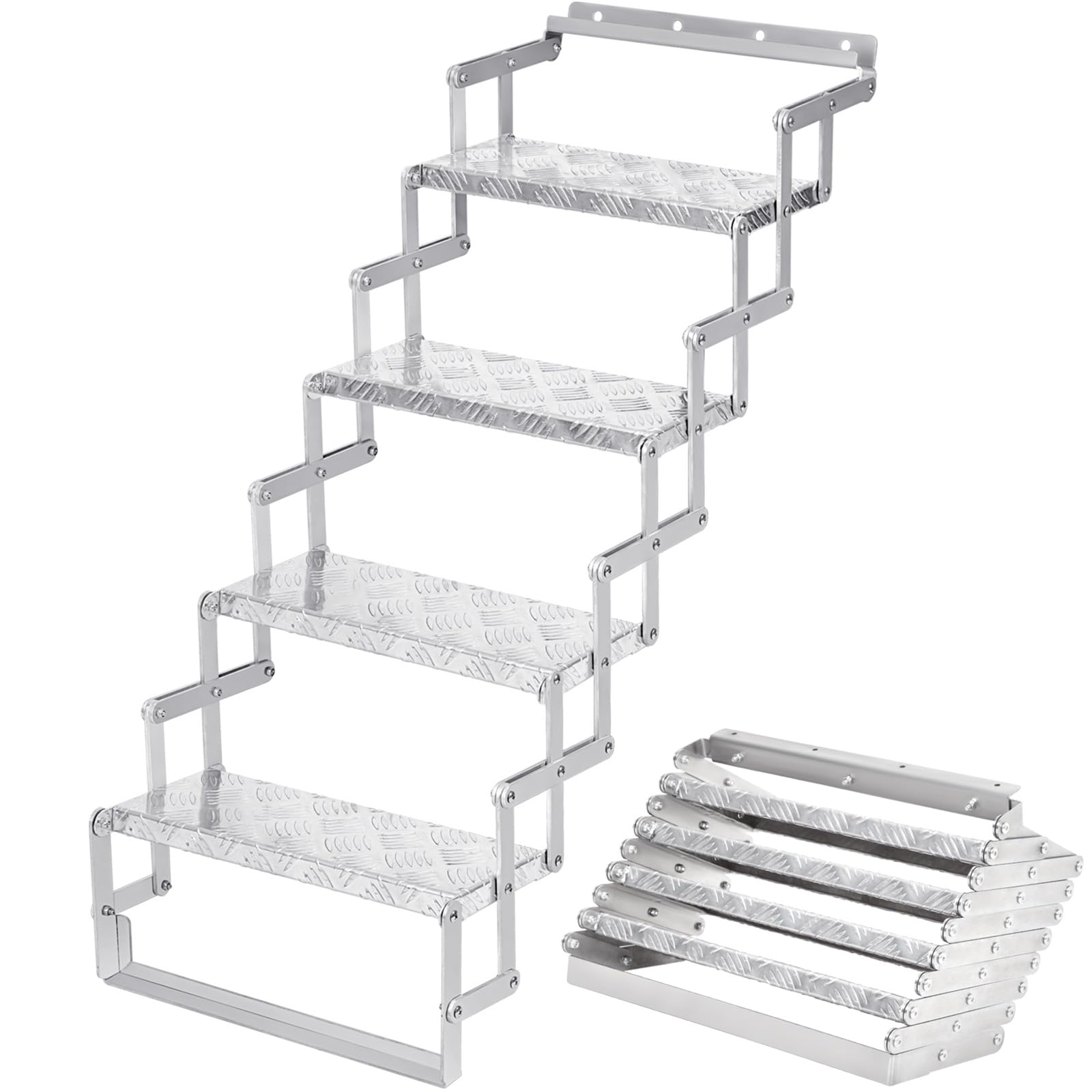 Photo 1 of KodMtiz Aluminum Scissor Stairs, 4 Steps Outdoor RV Step Ladder, 18" Wide Camper Stair Ladder with Anti-Slip Surface, Portable Stairs for Travel Trailer, Silver