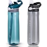DEARART 2-Pack 24oz Dark Cyan & Black Water Bottles With Straw, Leakproof BPA FREE Hidden Nozzle, Flip Up Lid Has Handle Wide Bottle Easy Clear, Suit Office Outdoor Sports Travel Gym.