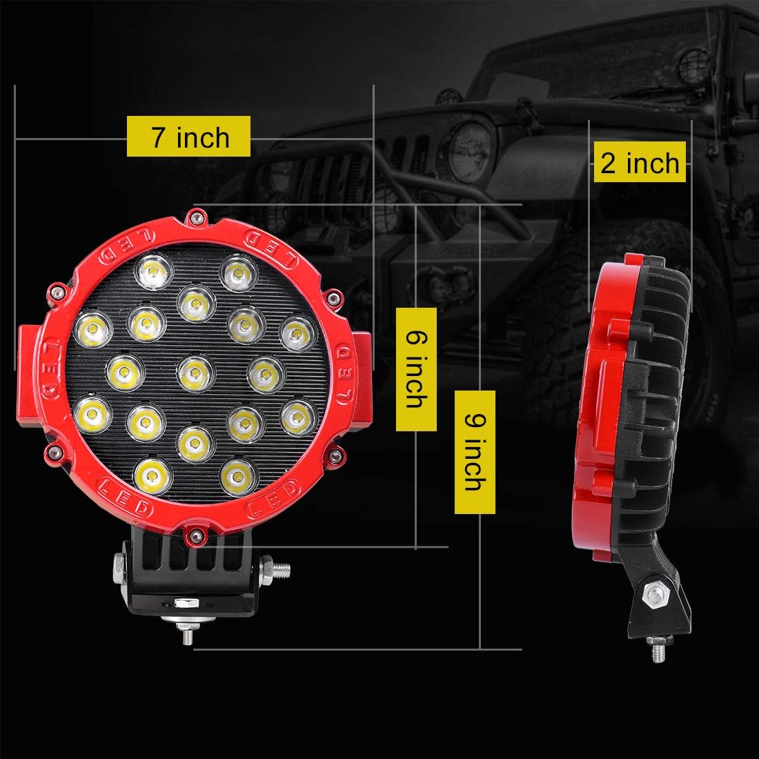 2PACK 7" LED Offroad Pod Lights Bar 51W with Mounting Bracket, Red Round Spot Bumper Driving Lamp Headlight Fog Light for Offroader, Truck, Car, ATV, SUV, Jeep, Construction, Camping, Hunters: Automotive