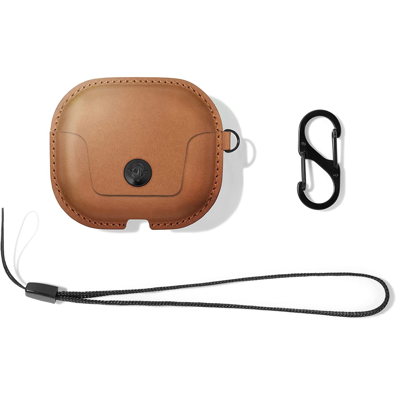 Twelve South AirSnap Gen 3 | Leather Protective Case/Cover with Loss Prevention Clip and Optional Carry Strap for AirPods Gen 3, Cognac