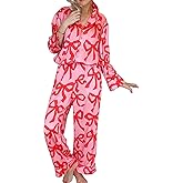 Leyajedol Women Cute Bow Pajama Set Long Sleeve Button Shirt Pants Silk Satin Lounge Outfit Valentine’s Day 2 Piece Pj Set
