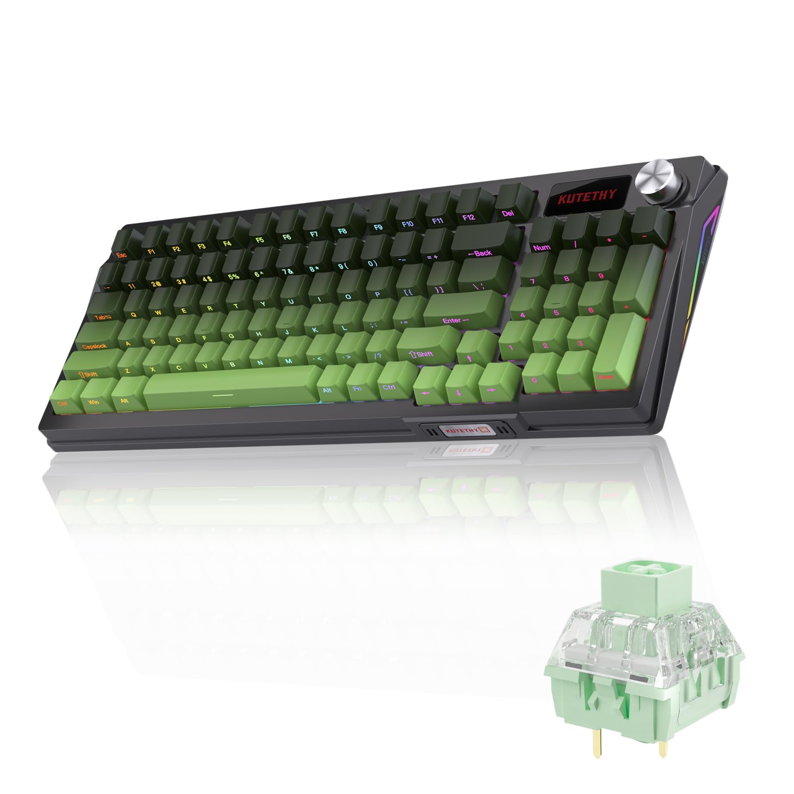 Mciepny KUTETHY KY95 Wireless Mechanical Keyboard,LCD Screen & Knob,Tri-Mode BT5.0/2.4GHz/USB-C Hot Swappable Custom,Pre-lubed Kailh Clicky Switches,95 Keys RGB Gaming Keyboard(Green Gradient)