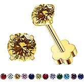 VDKIDKT Flower Screw Back Birthstone Stud Earrings for Women Girls, 3mm G23 Tiny CZ Flat Back Stud Earrings, Screw Back Helix Earrings