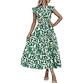 SKAYS Women's Ruffle Cap Sleeve Turtleneck Dress Fashion Print Tie-Waist Belt Flowy Maxi Dress