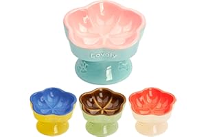 S&Q's CERAMICS Raised Cat Bowl, Elevated Cat Bowl for Food and Water, Ceramic Titled Dish, Anti Vomit & Whisker Friendly, Microwave and Dishwasher Safe (Pink, 5.8")