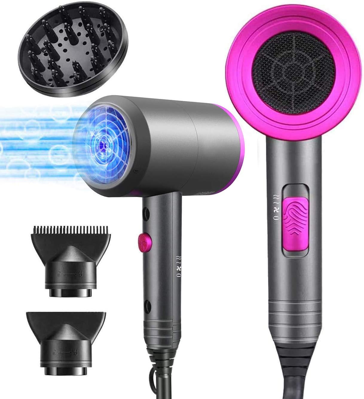 Ionic Hair Dryer, 1800W Professional Blow Dryer with Diffuser, Fast Drying Negative Ion Hairdryer, 3 Heat/2 Speed/Powerful AC Motor Blow Dryer, 2 Nozzles &1 Diffuser for Women Man Kids Hair Care: Health & Personal Care