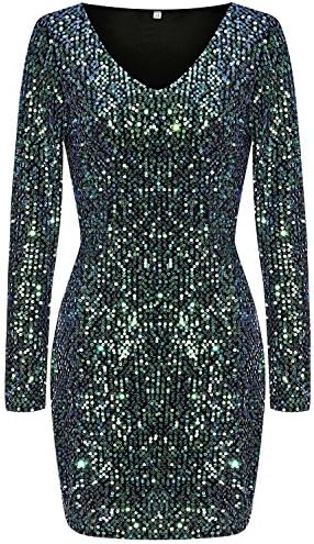 Sananski Women's Sequin V-Neck Long Sleeve Bodycon Pencil Party Dress (L, Green)