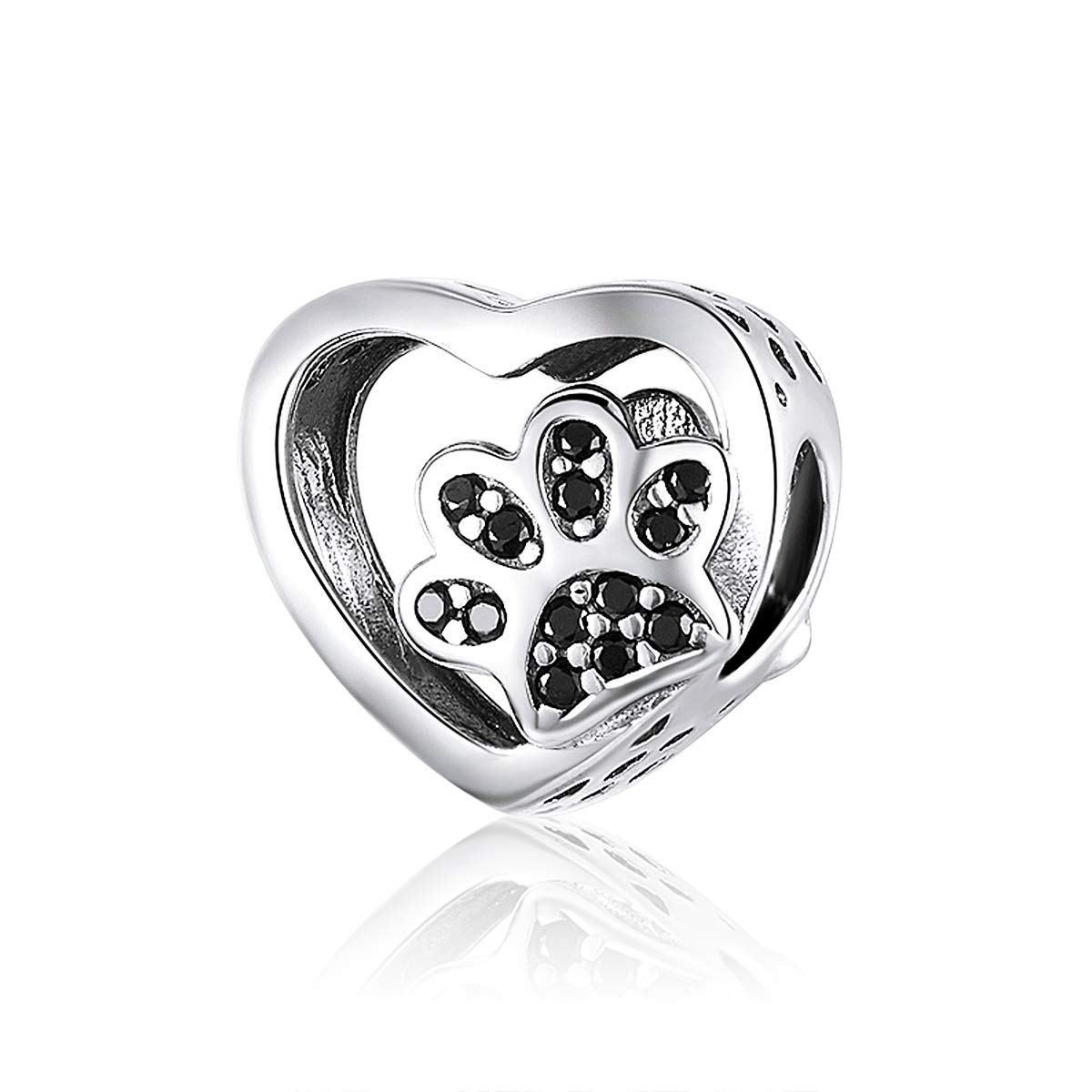 Bijoux Blu Black Cat Love Heart-Shape Charm 925 Sterling Silver Paw Footprints Heart Charms for Bangle Bracelet Fine Jewellery