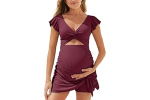 Summer Mae Ribbed Maternity One Piece Swimsuit Dress Cutout Bathing Suit with Built-in Pocket Short Swimwear Tie Knot Skirt