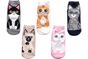 5 Pairs Women's Everyday Cotton Socks Soft Stretchy Cartoon Cats Pattern Lightweight Comfortable Low Cut Ankle Women's Short 