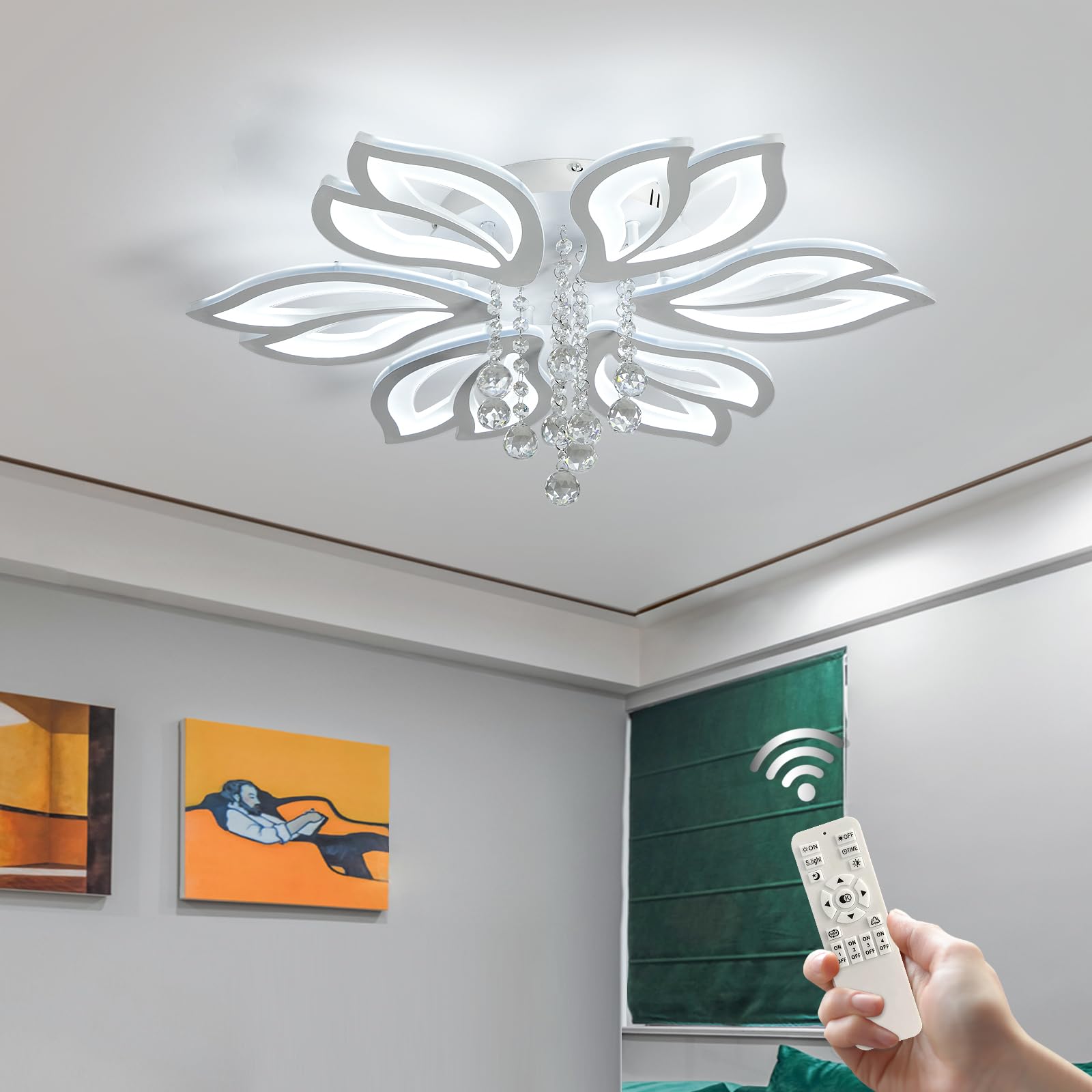 Photo 1 of Garwarm Modern Ceiling Light,27.1" LED Dimmable Chandelier Light Fixture,56W Flower Flush Mount Ceiling Lamp for Dining Room Living Room Bedroom Kitchen Office Entryway Hallway Lighting Fixture,White