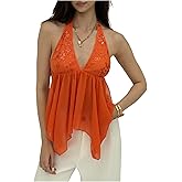 SweatyRocks Women's Y2K Mesh Sequin Ruffle Halter Tops Tie Backless Asymmetrical Flowy Top